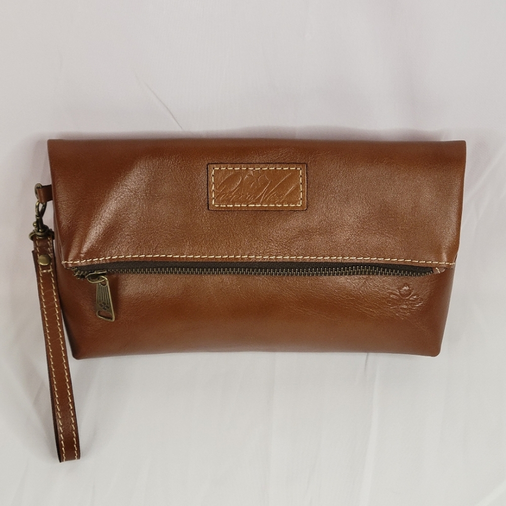 Patricia Nash Valerie Fold Over Wristlet Brown Leather Purse Clutch has strap